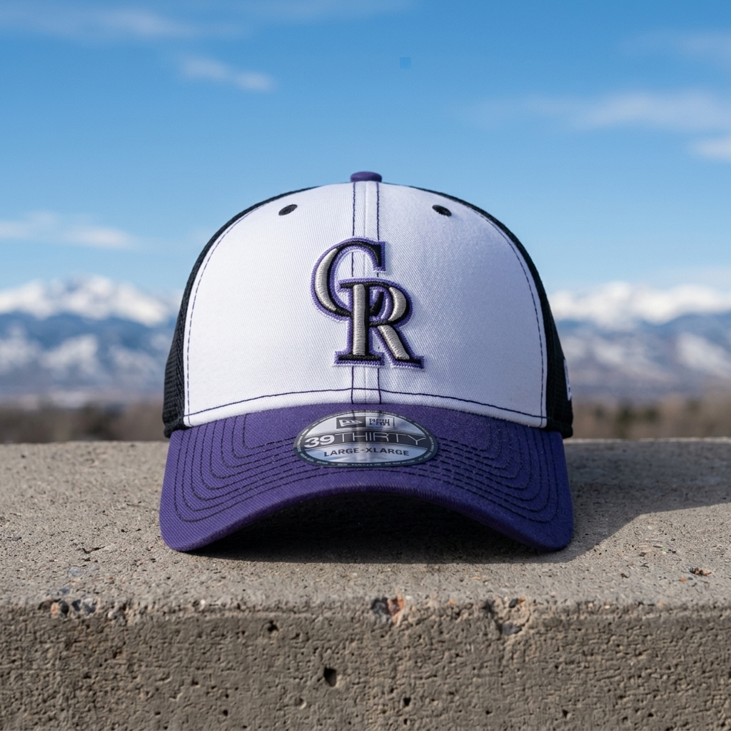 New Era Rockies Black Flex Fit Neo Hat, White Split Front, Purple Bill, Sz L/XL